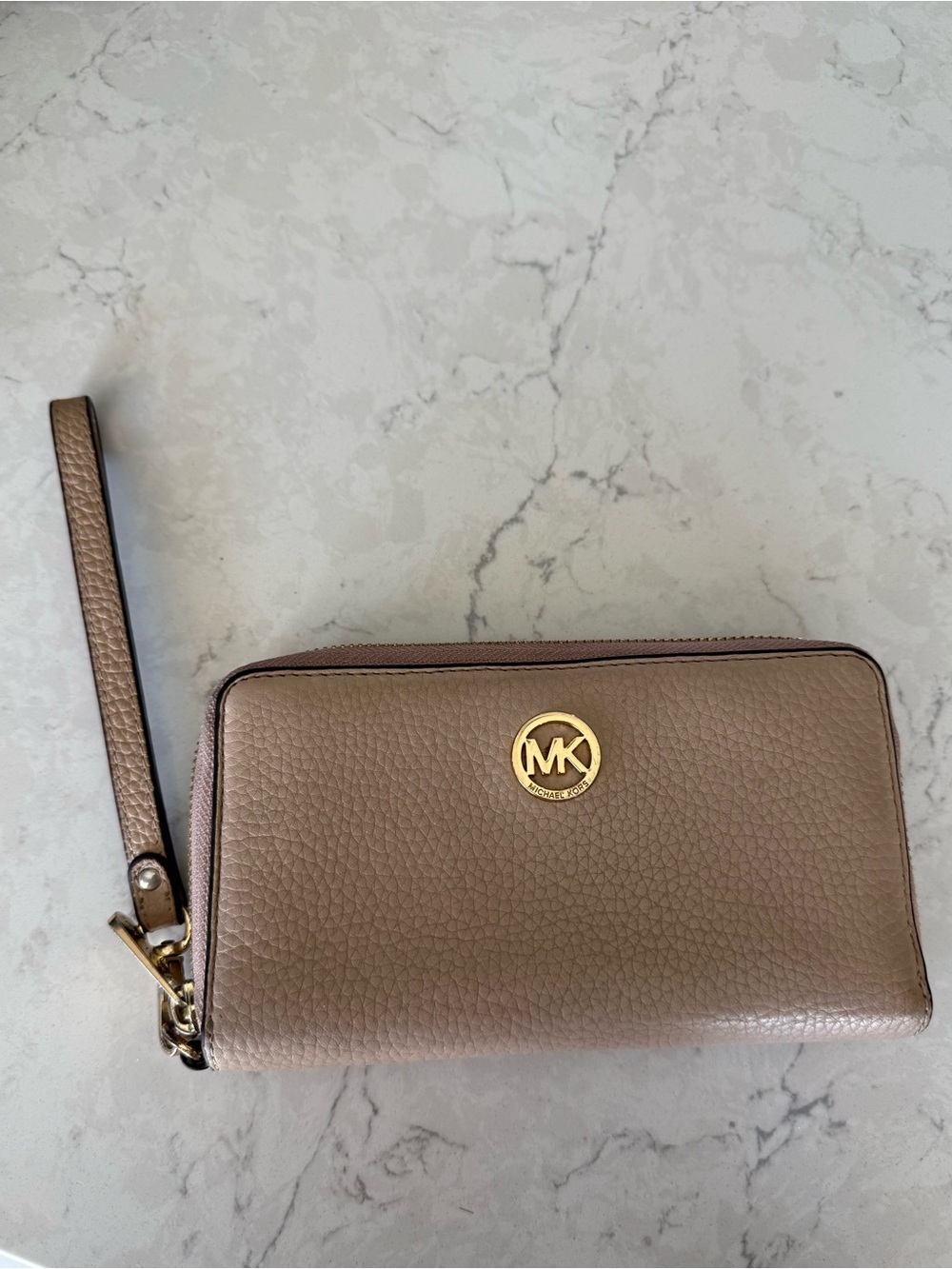 Michael Kors Pebbled Leather Wristlet in Taupe with Gold Logo
